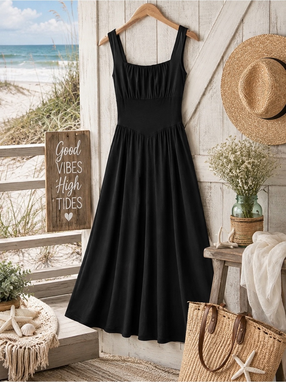 Black Sleeveless Maxi Dress with Gathered Bodice - Womens